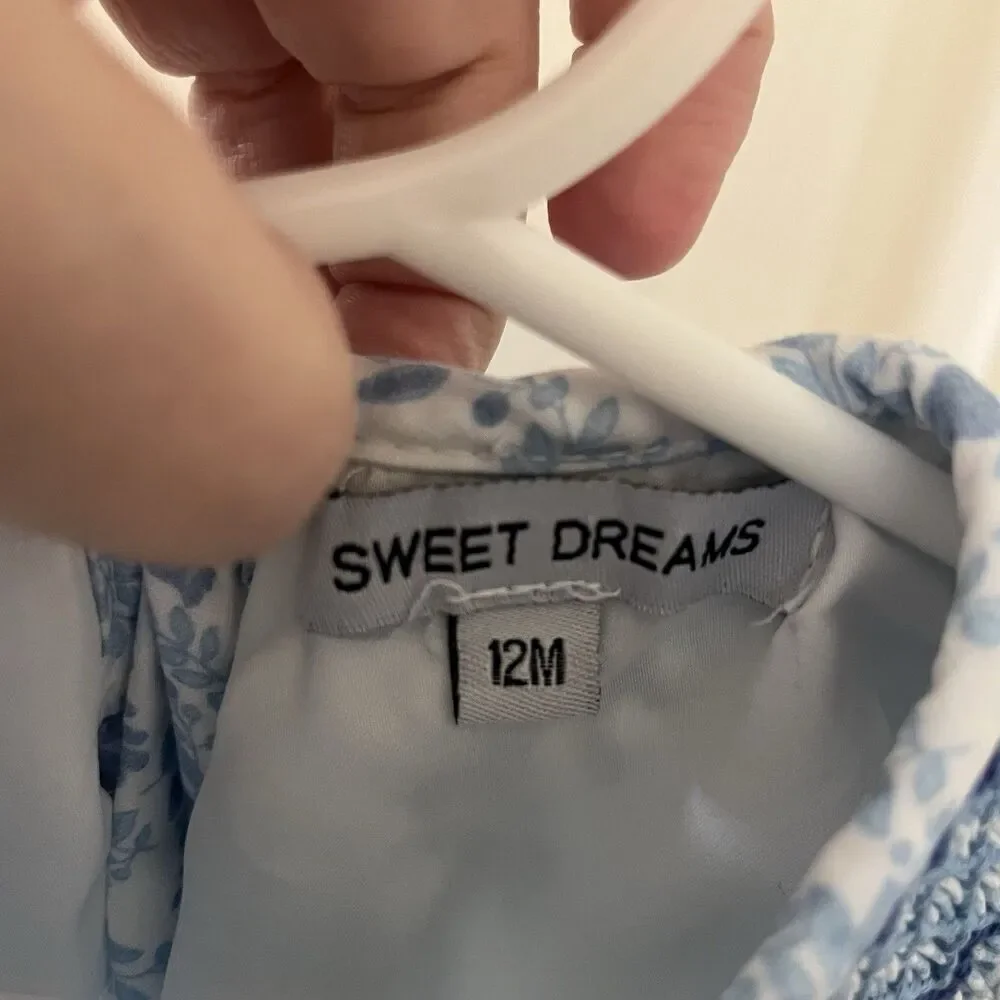 Sweet Dreams Blue Floral Birds Smocked Bubble Romper Girls Size 12 Months